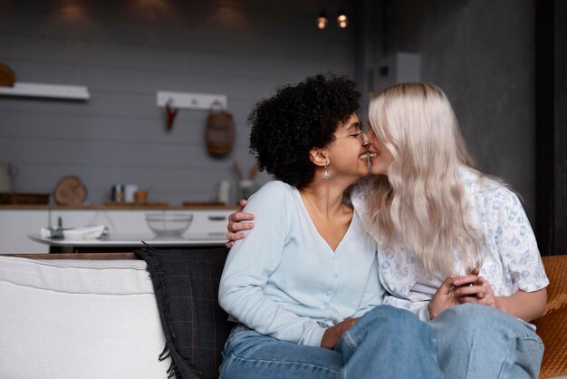 Lesbian couple kissing with copy space