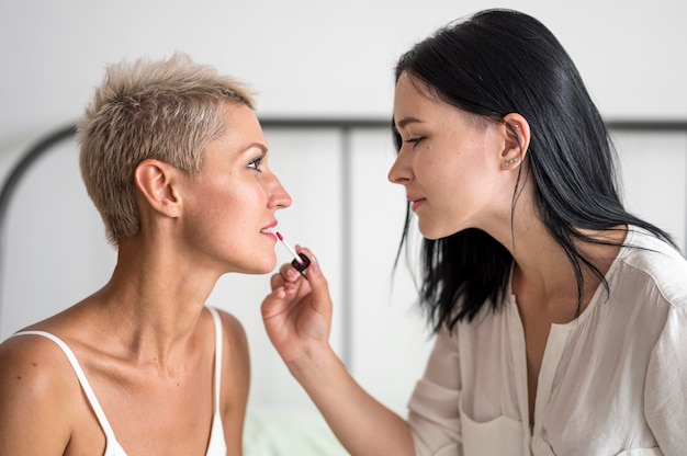 Lesbian couple make up moments at home