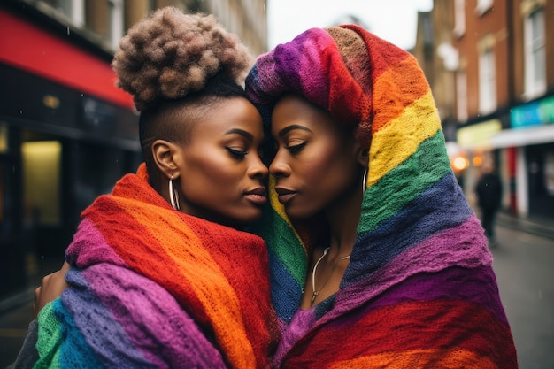 Foto gratuita coppia lesbica che mostra affetto e amore con i colori dell'arcobaleno