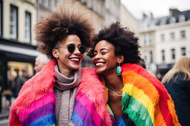 レズビアンカップルが虹の色で愛情と愛を示している