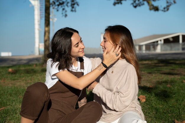 Lesbian couple spending time together outdoors