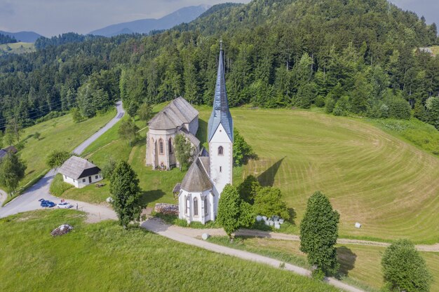 スロベニアの日光の下で緑に覆われた丘の上のLese教会