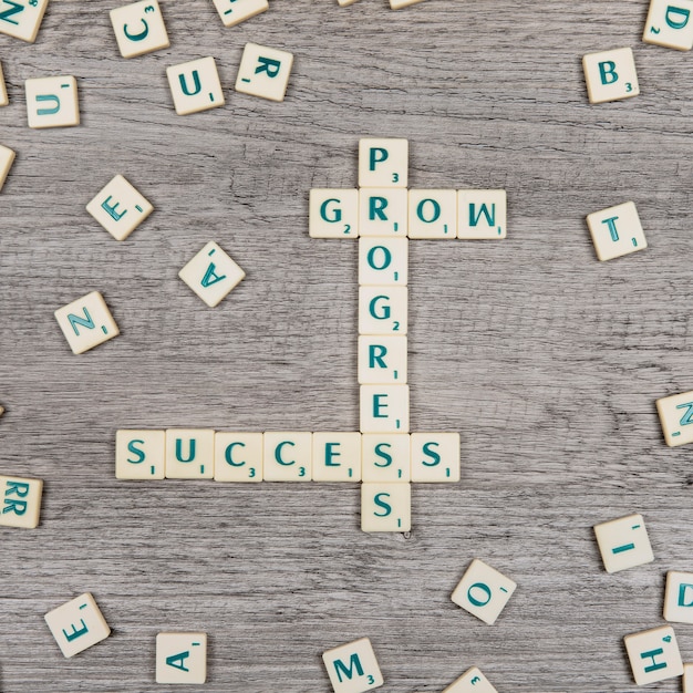 Letters forming the words progress, grow and success