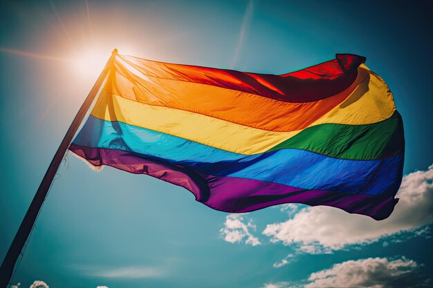 LGBT pride flag and blue sky background