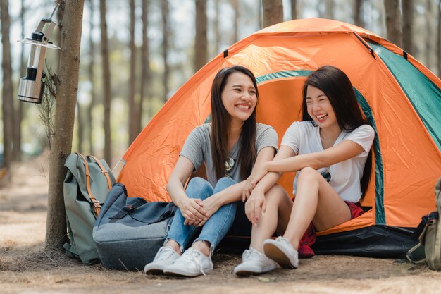 Lgbtq lesbian women couple camping or picnic together in forest