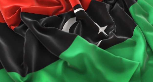 Libya Flag Ruffled Beautifully Waving Macro Close-Up Shot