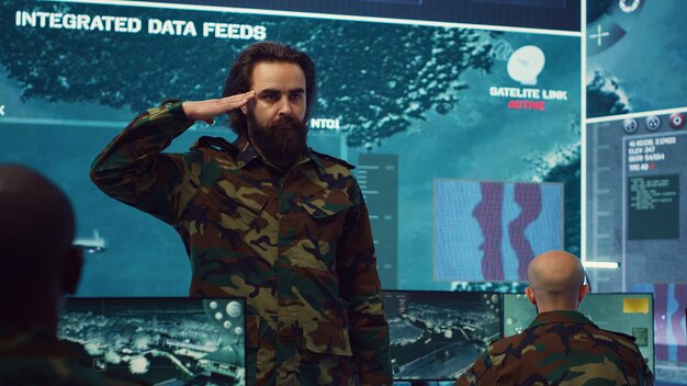 lieutenant showing the solemn salute symbol in front of the major general