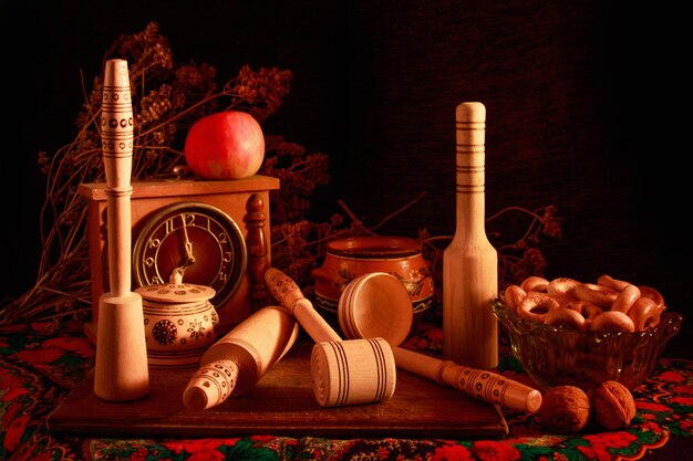 Life art photography concept with earthenware and kitchen tools