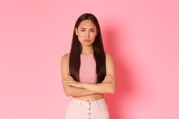 Lifestyle beauty and women concept waistup portrait of angry and offended cute sulking asian girlfri...