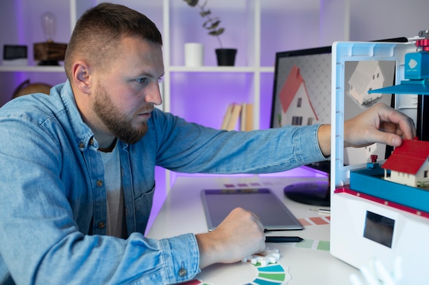 A developer working on a mobile game, surrounded by code, app icons, and dollar signs.