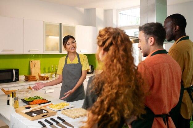 Lifestyle: people learning to make sushi