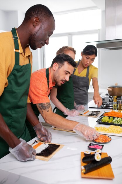 Lifestyle: people learning to make sushi