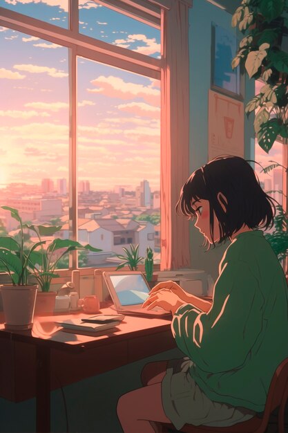 Lifestyle scene in anime style with person doing daily tasks