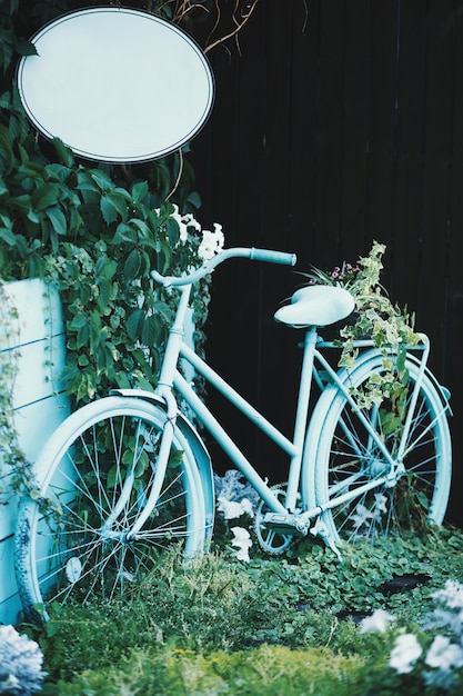 Голубой велосипед возле зеленых растений