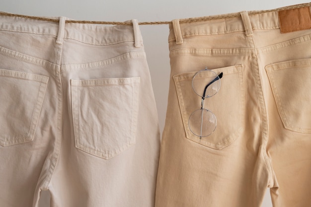 Free photo light brown beige pants indoors still life