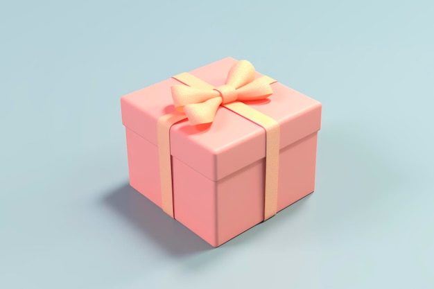 Светло-розовая подарочная коробка, завернутая в желтую ленту на бледно-синем фоне