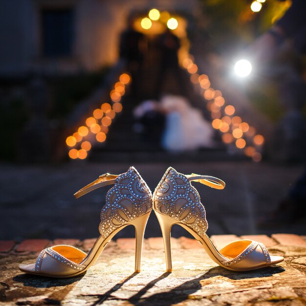 Light shines over elegant shoes with precious stones