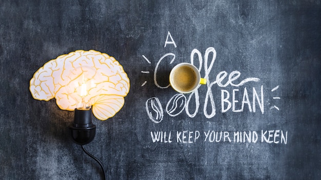 Lighted brain light bulb with text on chalkboard