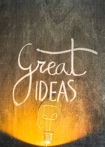 Lighted bulb on chalkboard with great ideas text