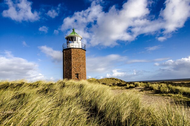 Lighthouse Quermarkenfeuer in Kampen, Sylt, Germany under the cloudy sky