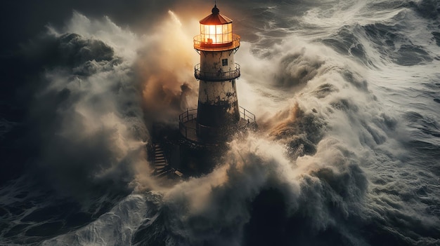 Free photo a lighthouse stands firm against stormy waves