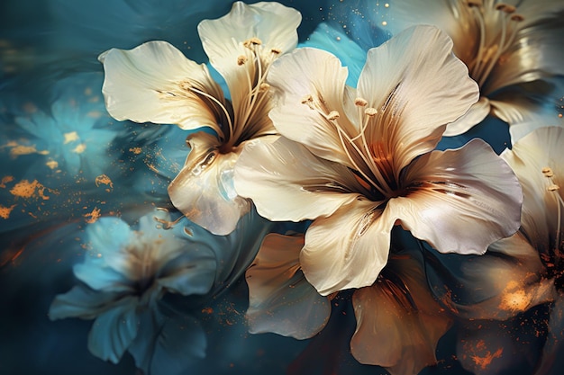 ヴィンテージの花の背景に青い水彩のスプラッシュのリリー花