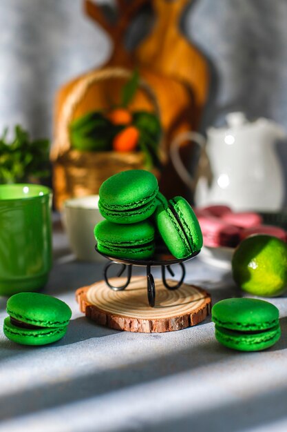 Lime macaroons with fresh fruits.