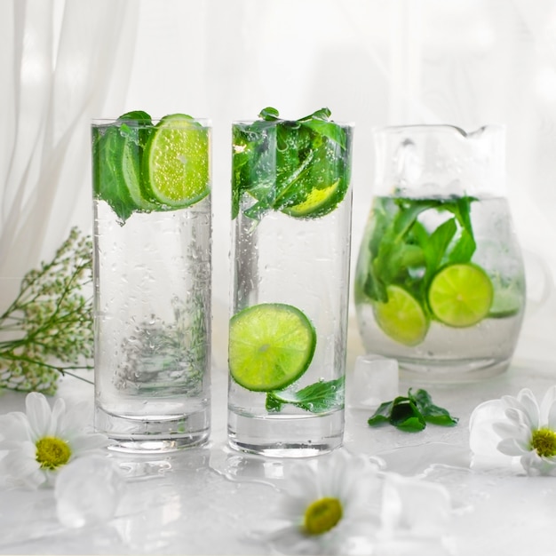 Free photo lime mojito glasses with mint leaves in white