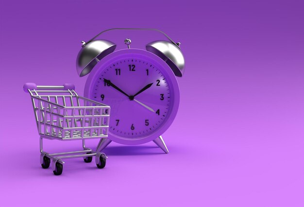 Limited Time shopping cart with retro alarm clock isolated on a blue background