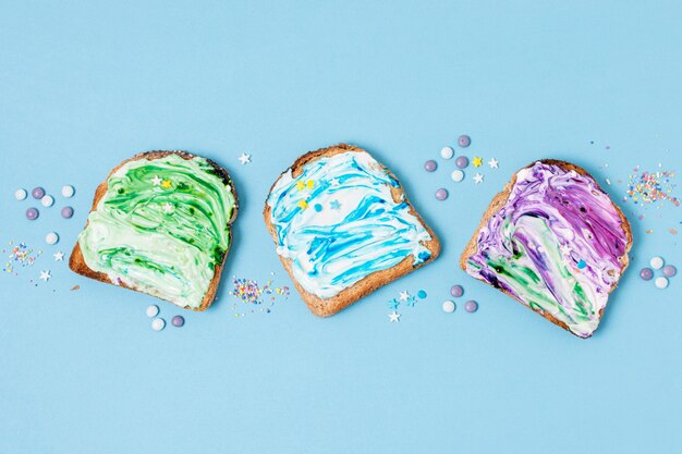 Line of ice cream on toasted bread top view