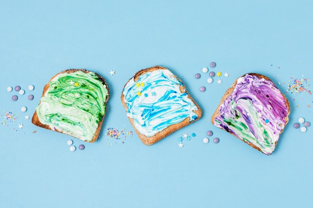 Line of ice cream on toasted bread top view