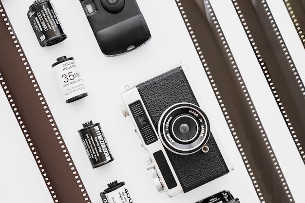 Lines of cameras and cartridges near film