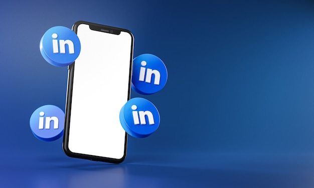 Linkedin icons around smartphone app 3d rendering