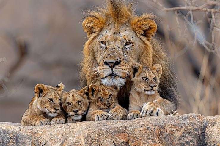 Free Photo lion in dry forest landscape