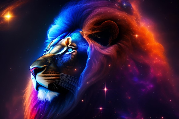 A lion with a rainbow mane and a blue eye