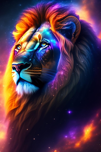 A lion with a rainbow mane and blue eyes