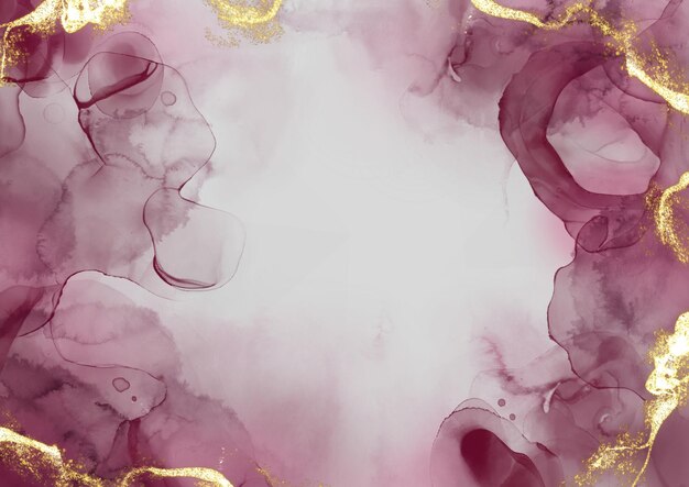 Liquid watercolour stain background with golden strokes