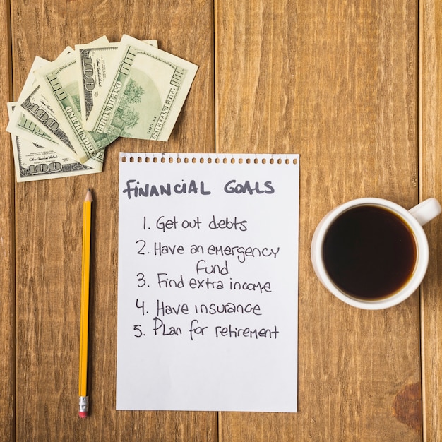 List of financial goals on table