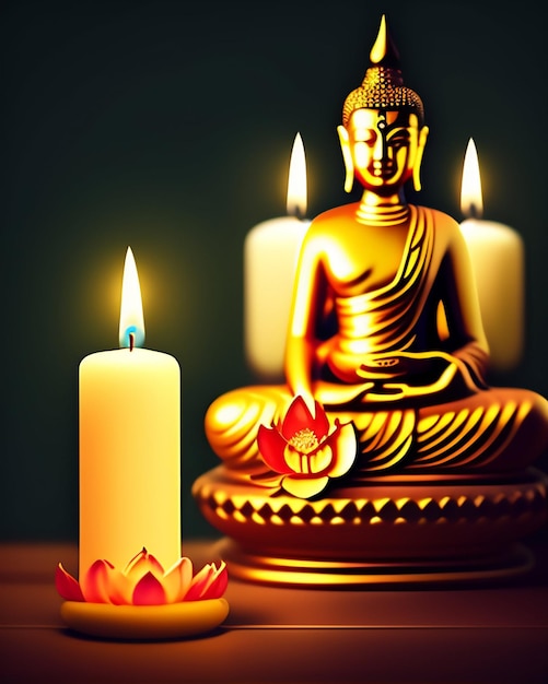 Free photo a lit candle next to a buddha statue with a lotus flower in the corner