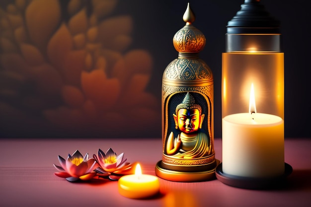 Free photo a lit candle with a buddha statue on it