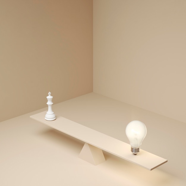 Lit lightbulb balancing on plank next to chess piece as an idea concept