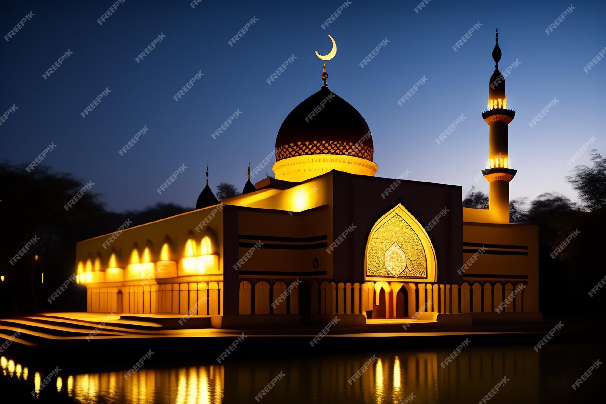 Spiritus undertrykkeren Artifact Free Photo | A lit up mosque with a crescent moon on the top.