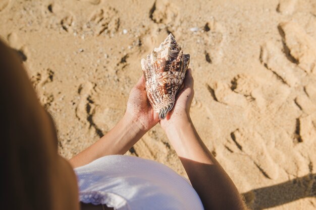 Litle girl holding a seashell