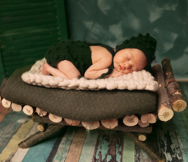 Il piccolo bambino in vestiti di lana verde scuro dorme su un letto di legno