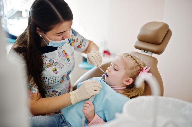 Little baby girl at dentist chair Children dental