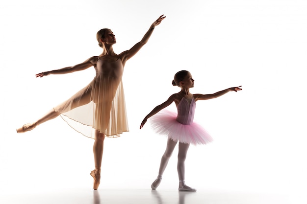 Free photo the little ballerina dancing with personal ballet teacher in dance studio