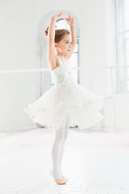 Little ballerina girl in a tutu. Adorable child dancing classical ballet in a white studio.