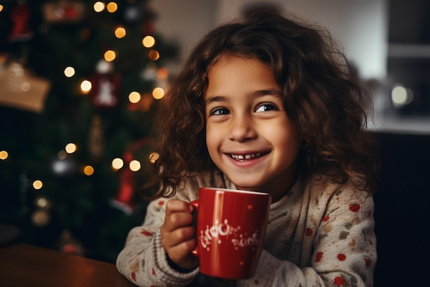 クリスマスの囲気のカップから熱いお茶を飲む小さな男の子