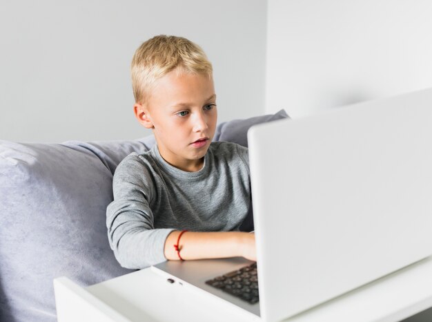 Little boy having fun with laptop