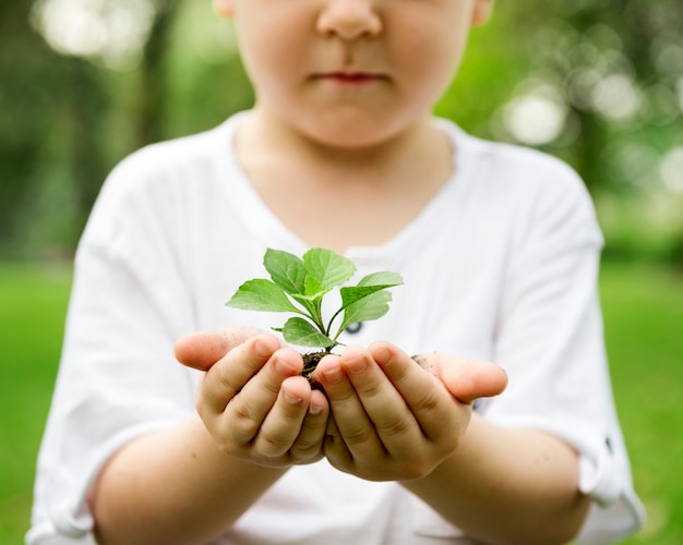 公園に土と植物を保有する少年